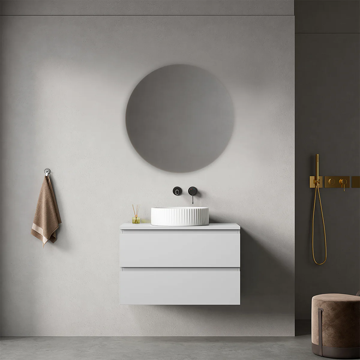 Mobile bagno sospeso 80 cm Bianco Opaco per Lavabo d'appoggio Specchio Tondo - Fiji Paint Top - immagine 2