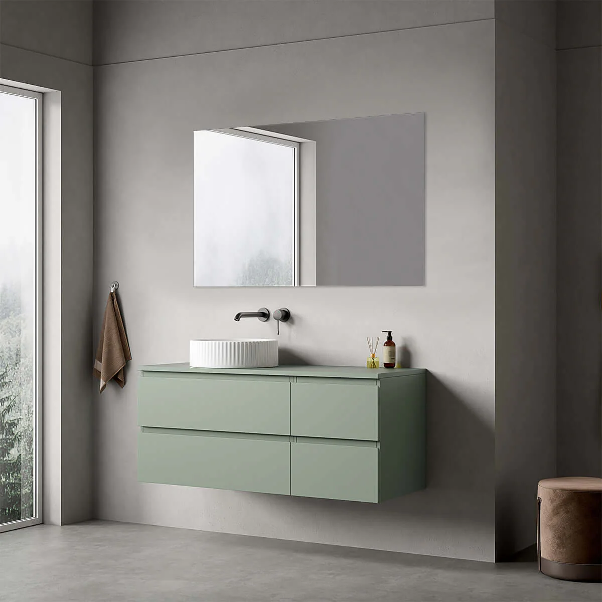 Mobile bagno sospeso reversibile 120 cm Verde Salvia per Lavabo d'appoggio Specchio Quadro - Fiji Paint Top - immagine 3